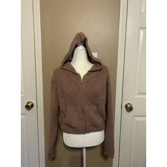 Skims Teddy Zip Up Crop Hoodie S/M Tan Brown Pockets Loungewear Fuzzy Soft - Picture 1 of 11